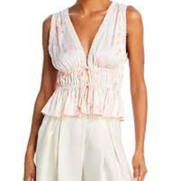 WAYF Pink and Cream Floral Lace Trim Peplum Sleeveless Top NWT - Picture 14 of 14